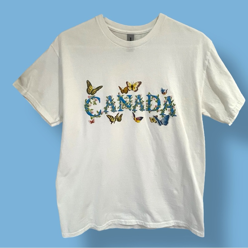 Vintage 00s Canada Butterfly Floral Souvenir T-shirt White Short Sleeve Medium